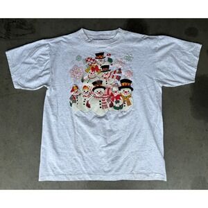 VTG Mens Sz XL ALORE Christmas T Shirt Gray Snowman Short Sleeve Single Stitch